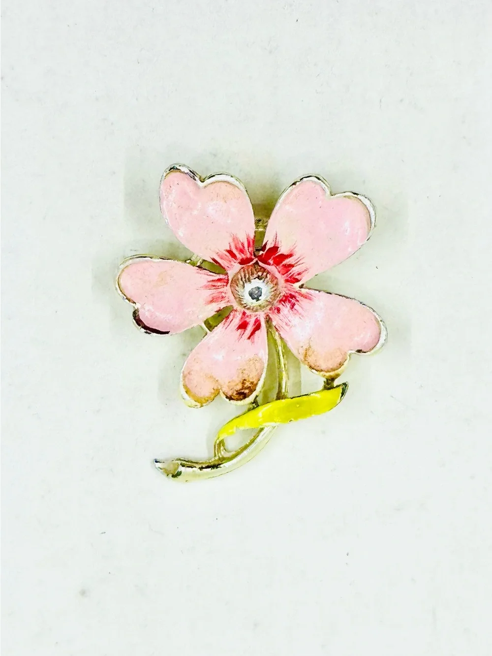 Gerry’s Vintage Silver Tone Pink Enamel Flower Brooch with Yellow Stem